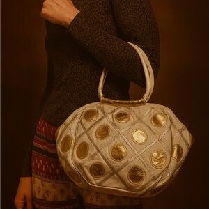 NWT Vintage Late 1980’s White & Gold Circle Appliqué Quilted PU Leather Handbag